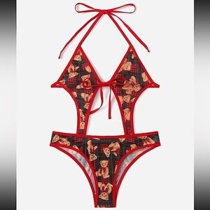 Bear Print Black Red Cut Out Tie Teddy Bodysuit Size Large